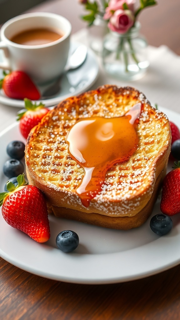 Classic French Toast Recipe for One A slice of French toast topped with syrup and berries on a breakfast table.